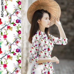 White Ao Dai Vietnamese Ao Dai Lua My in 3D with Pants (Free Fast Priority shipping)#0252