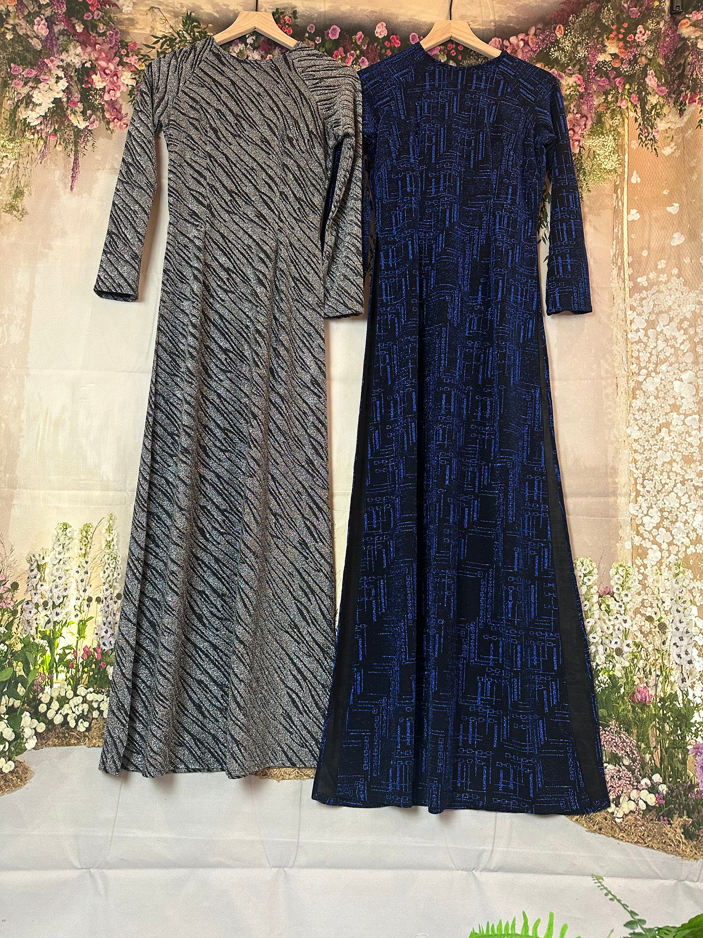 Blue and Siver Ao Dai Vietnamese Kim Sa Stretchy Long Dress Blue and Siver Ao Dai Vietnamese Kim Sa Stretchy Long Dress
