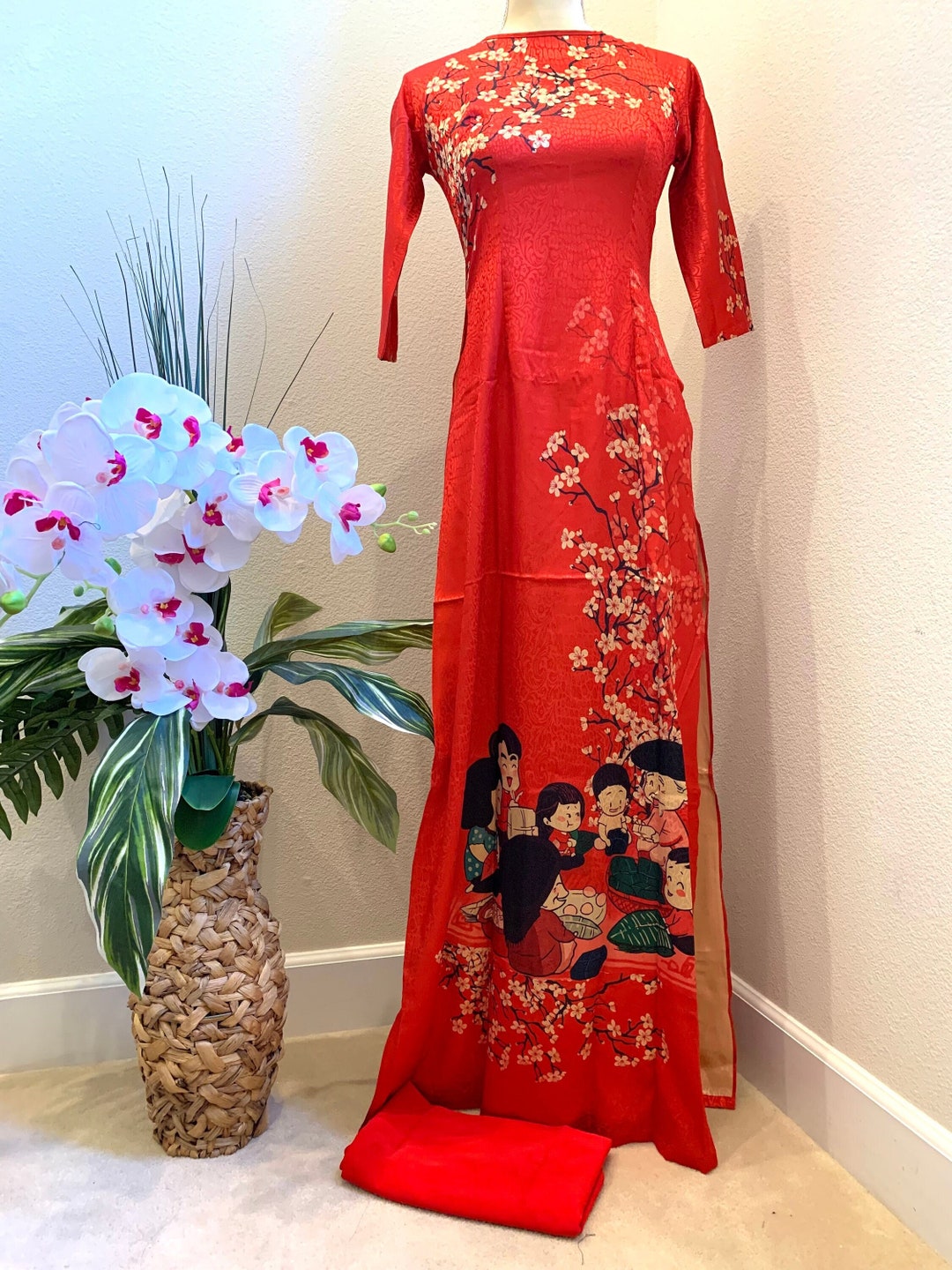 Red Vietnamese Tet Ao Dai Dong Hung Silk Long Dress With Pants free ...