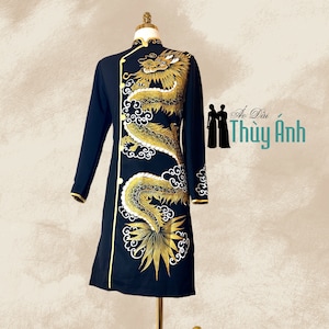 Black  Ao Dai for Men, Hand Painted Vietnamese Traditional Long Dress for Men, Ao Dai Chu Re, Ao Dai Nam. No pants PR2