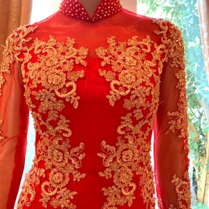 Red Ao Dai Vietnamese Traditional Wedding Dress with Gold Embroidery and Red or Gold Pants G52 image 3