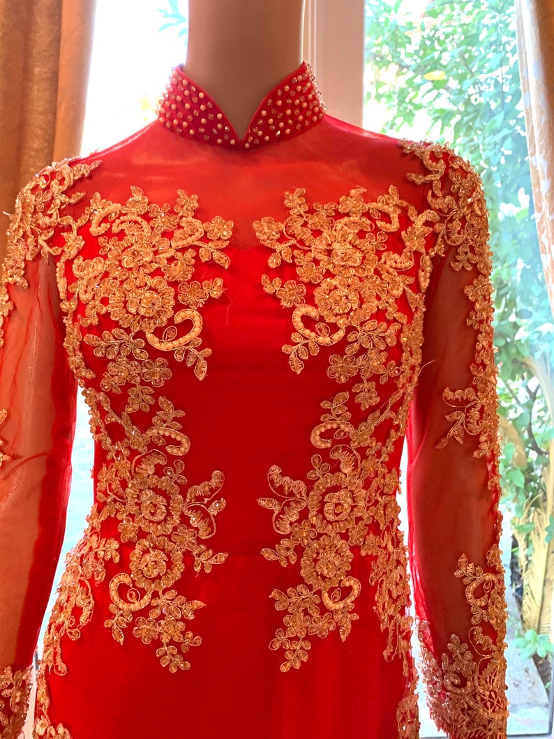 Red Ao Dai Vietnamese Traditional Wedding Dress with Gold Embroidery and Red or Gold Pants G52 image 3