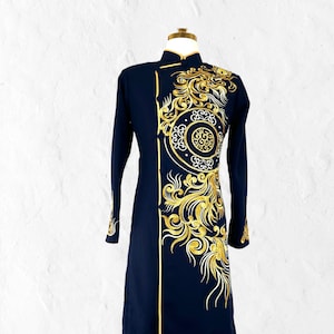 Black  Embroidered Ao Dai for Men, Traditional Vietnamese Long Dress for Men, Ao Dai Nam. No Pants