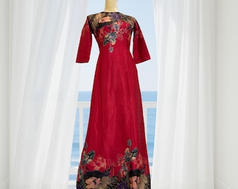 Red Floral Ao Dai Dress with Pants - Vietnamese Traditional Costume
