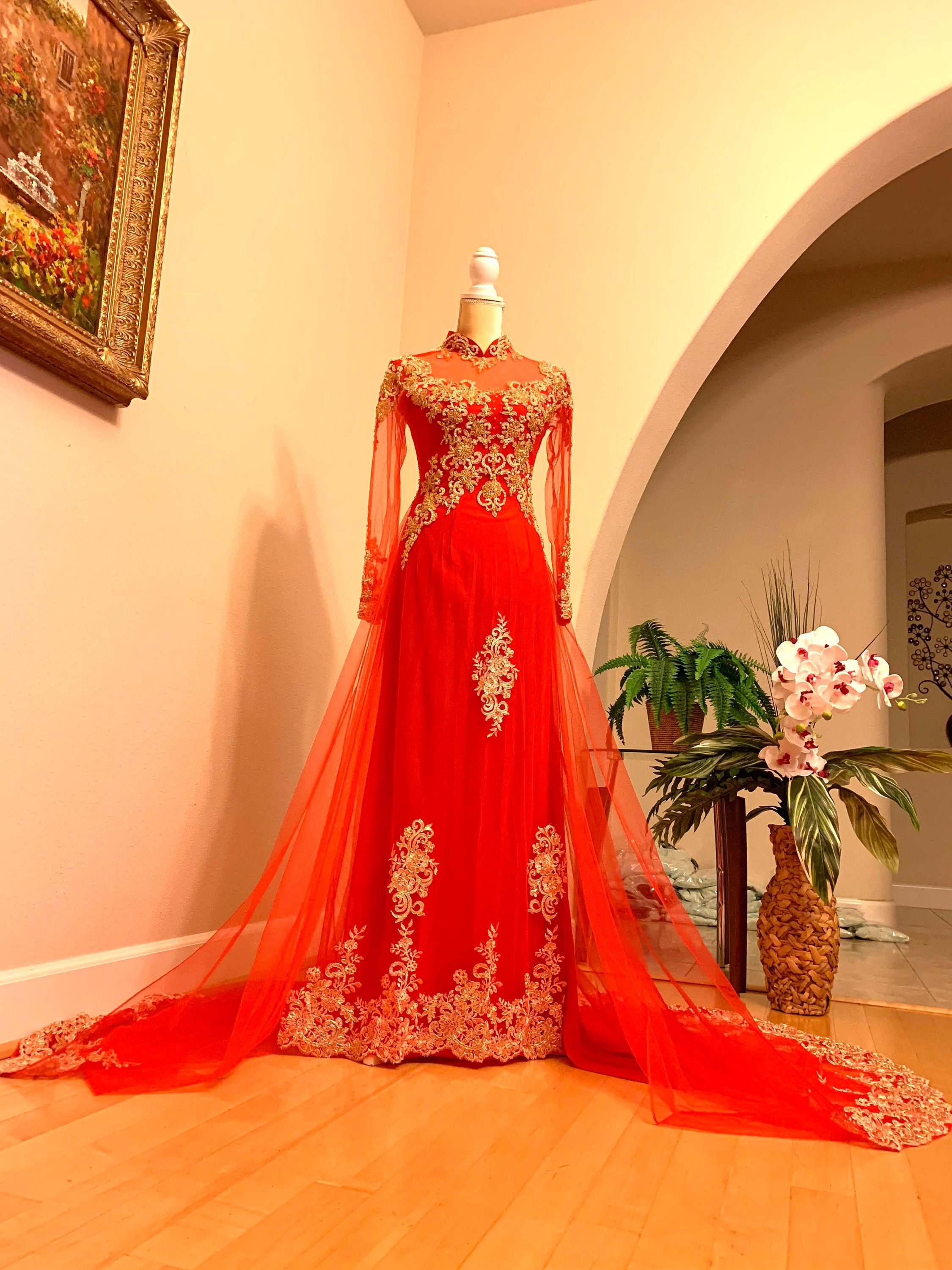 vietnamese wedding dress Vietnamese Wedding Ao Dai Long Dress, Red/Gold, Hand-beading Details,  Custom Size, Multiple Headpiece Choices