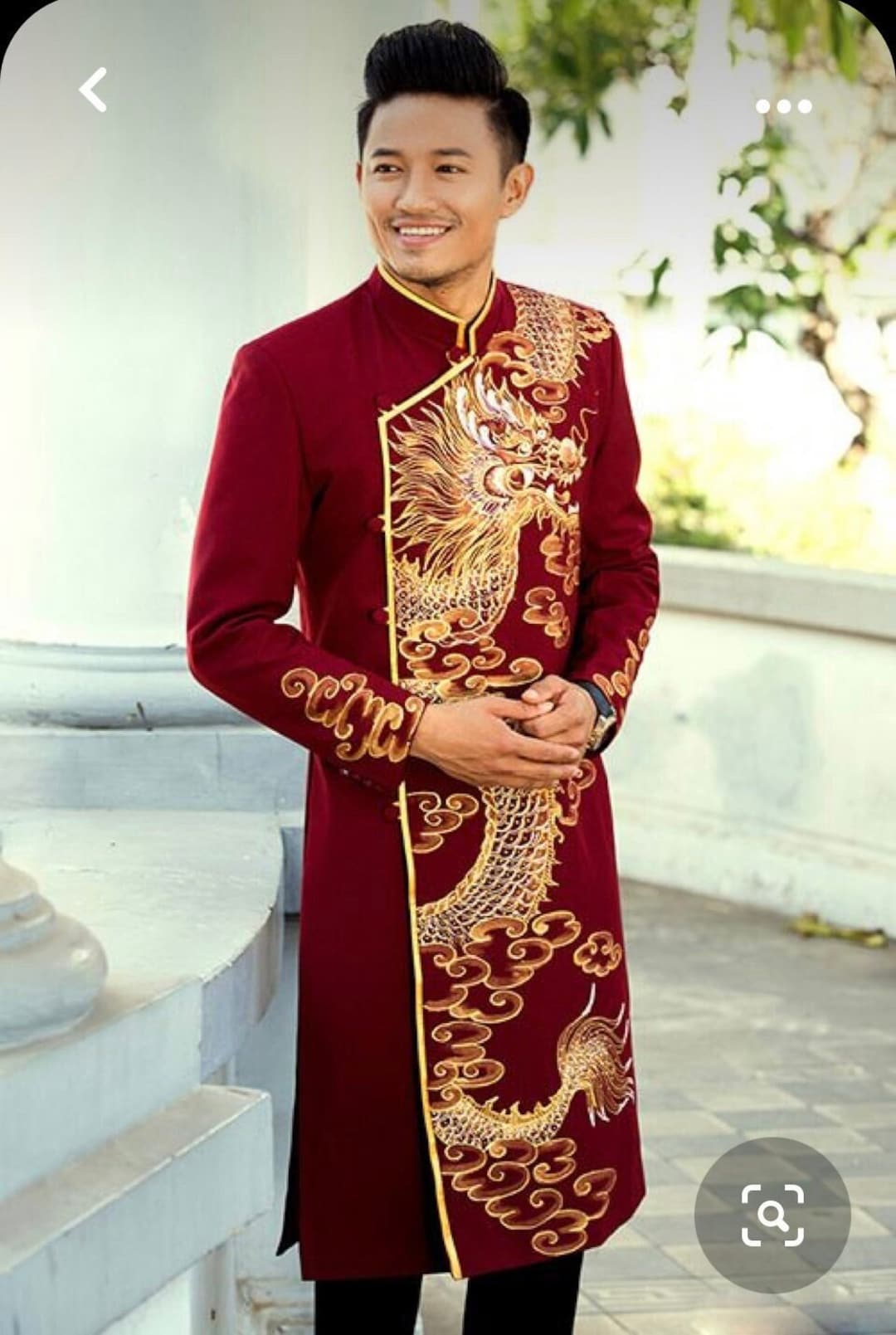 Dark Red Ao Dai for Men, Hand Painted Vietnamese Traditional