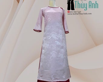 Pink Ao Dai Dress with Red Pants - Flared Sleeves Vietnamese Long Dress