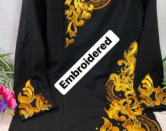 [No261]ベトナムアオザイ(トンボ模様) 黒または紺の刺繍入りベトナム伝統衣装（男性用）、アオザイ