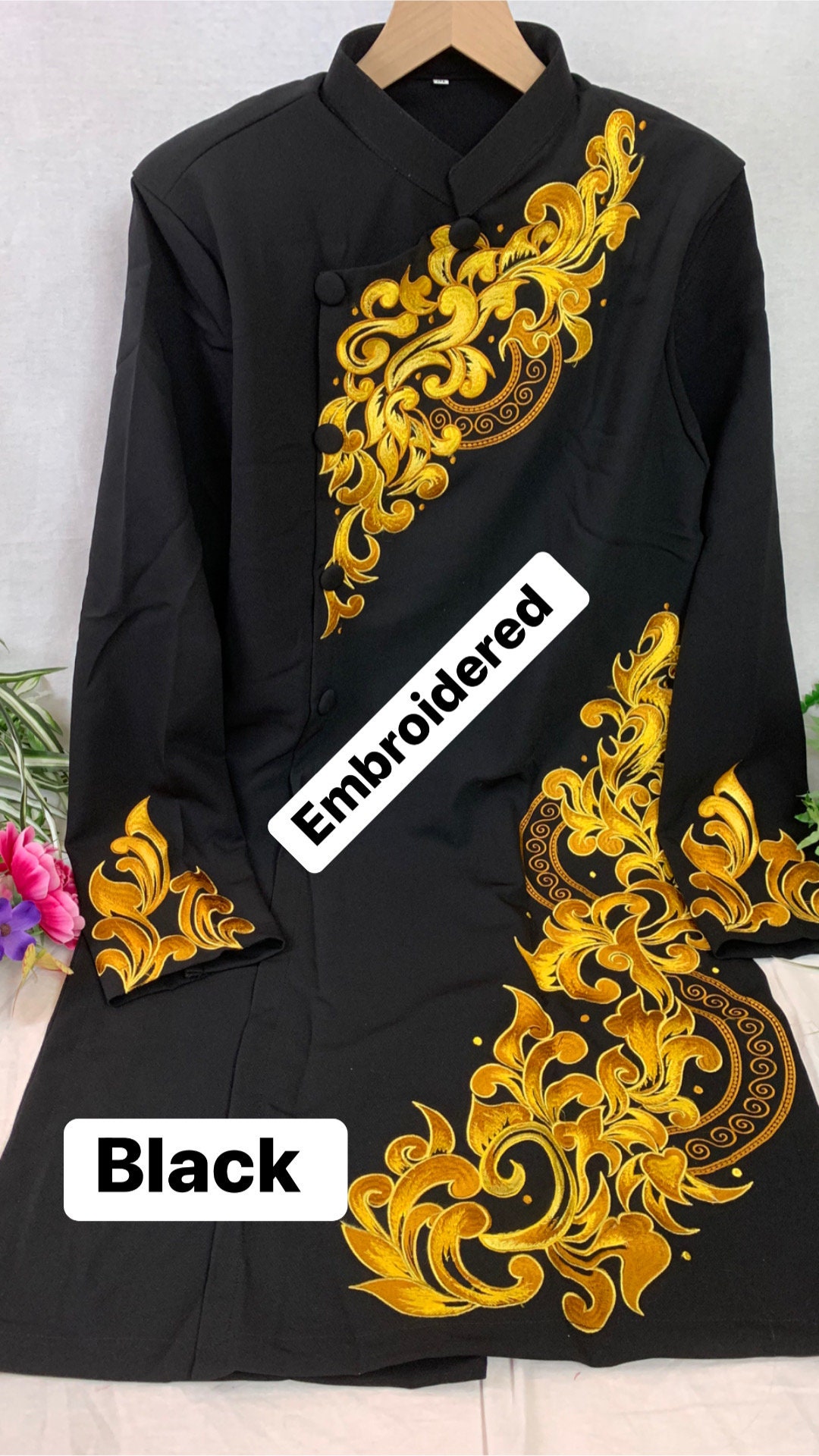 Black or Navy Blue Embroidered Vietnamese Traditional Long