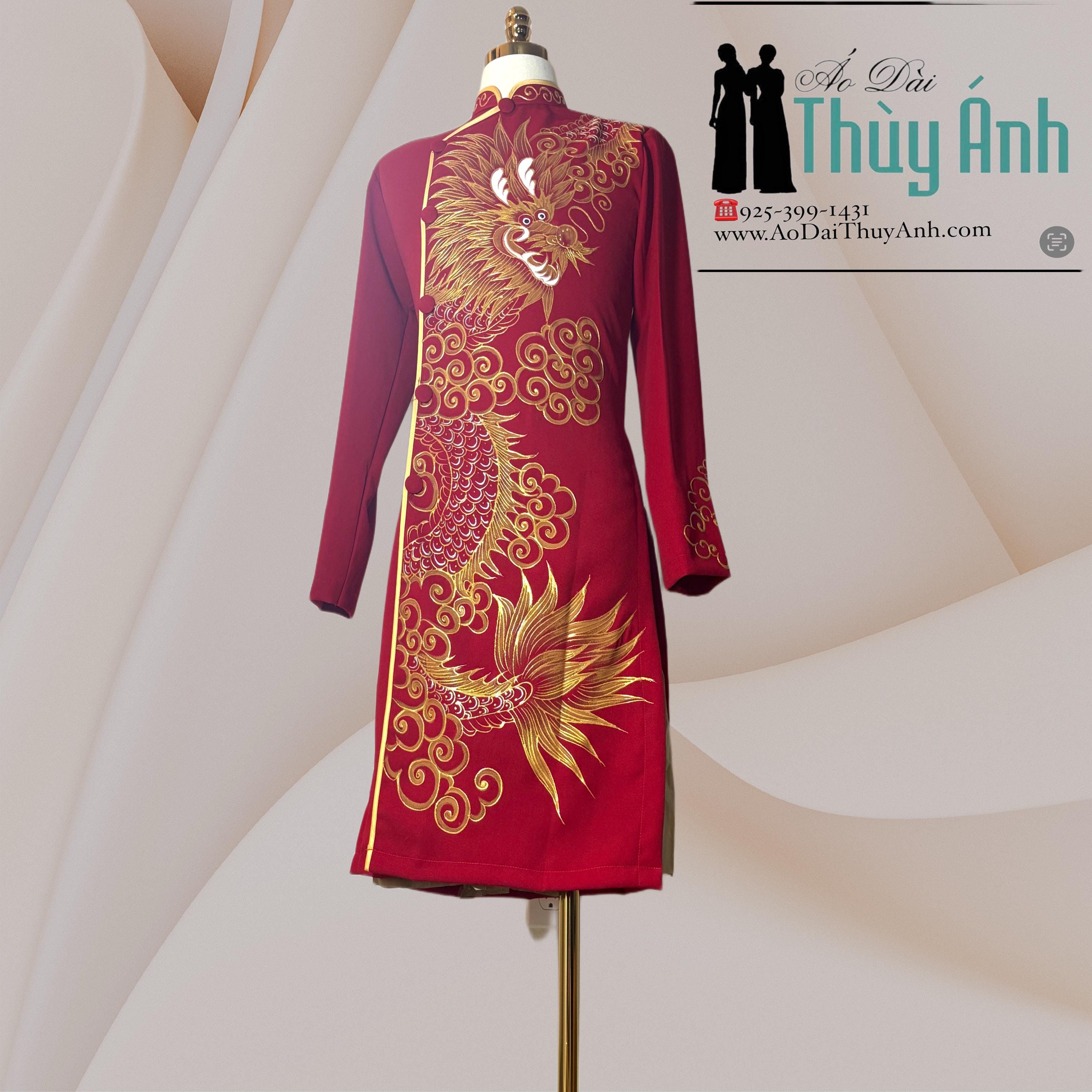 男性用手描きダークレッドアオザイ：ベトナムドラゴンロング