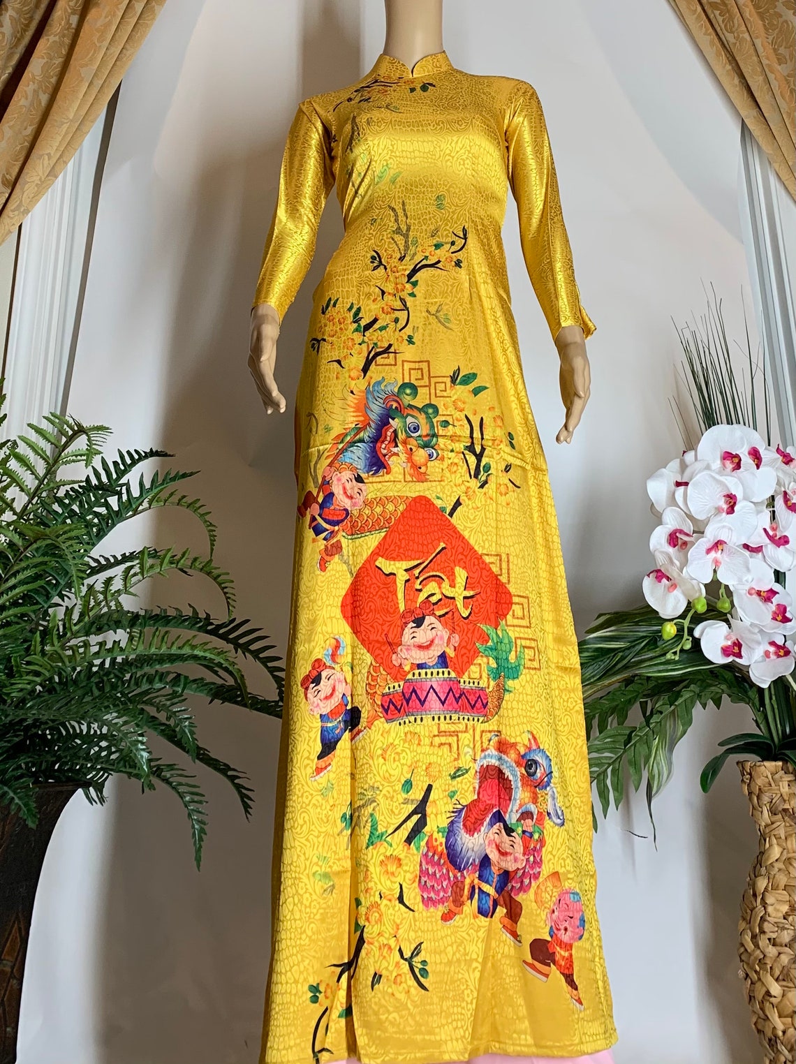 Yellow Ao Dai Tet Vietnamese Dong Hung SILK Long Dress With - Etsy