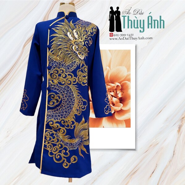 Royal  Blue Ao Dai for Men, Hand Painted Vietnamese Traditional Long Dress for Men, Ao Dai Chu Re, Ao Dai Nam. No pants G33