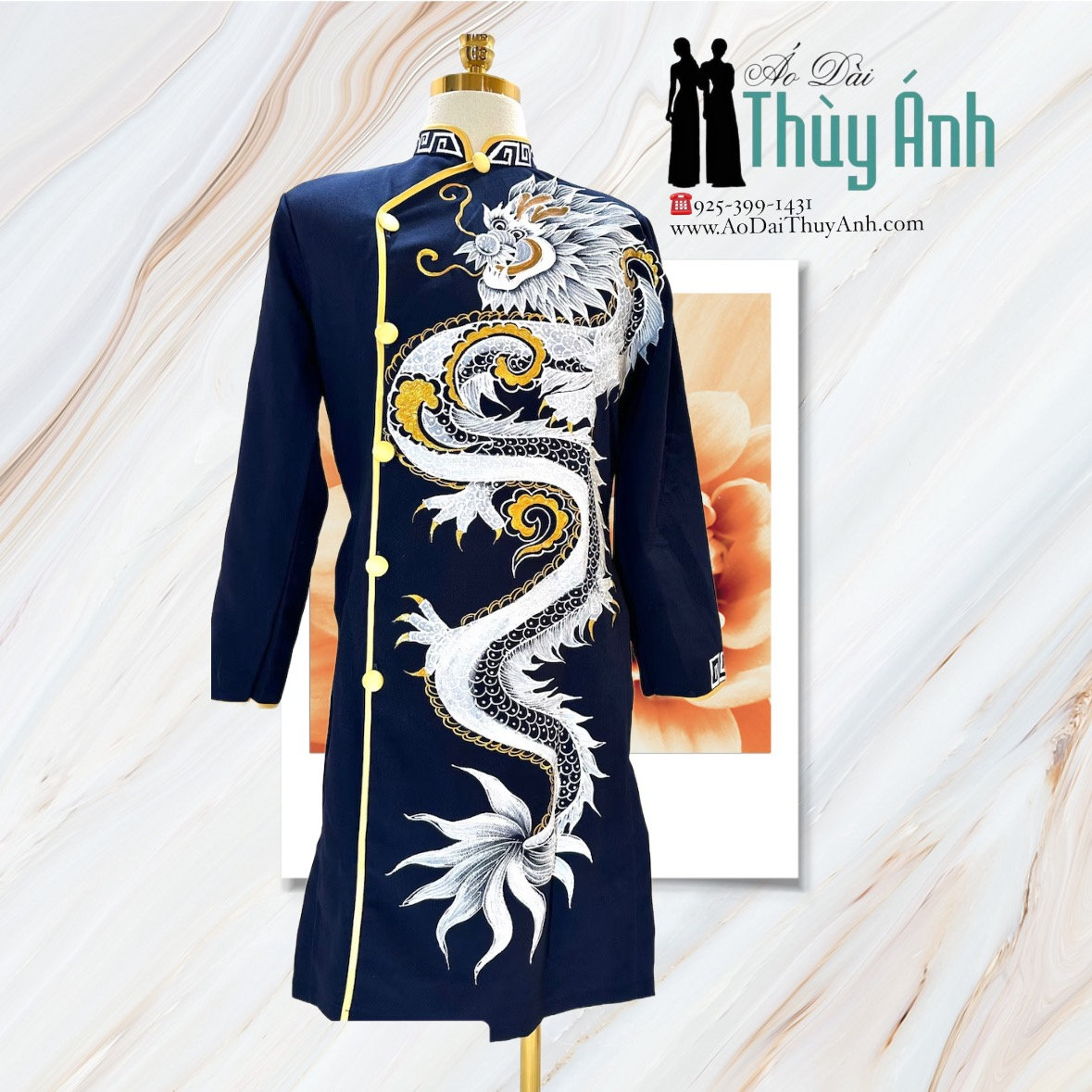 Navy Blue with White Dragon Ao Dai for Men, Hand Painted Vietnamese Traditional Long Dress for Men, Ao Dai Chu Re, Ao Dai Nam. No pants G107