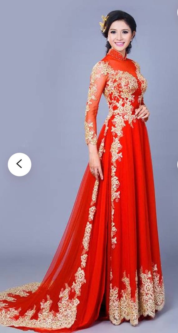 Red Ao Dai Vietnamese Traditional Wedding Dress With Gold