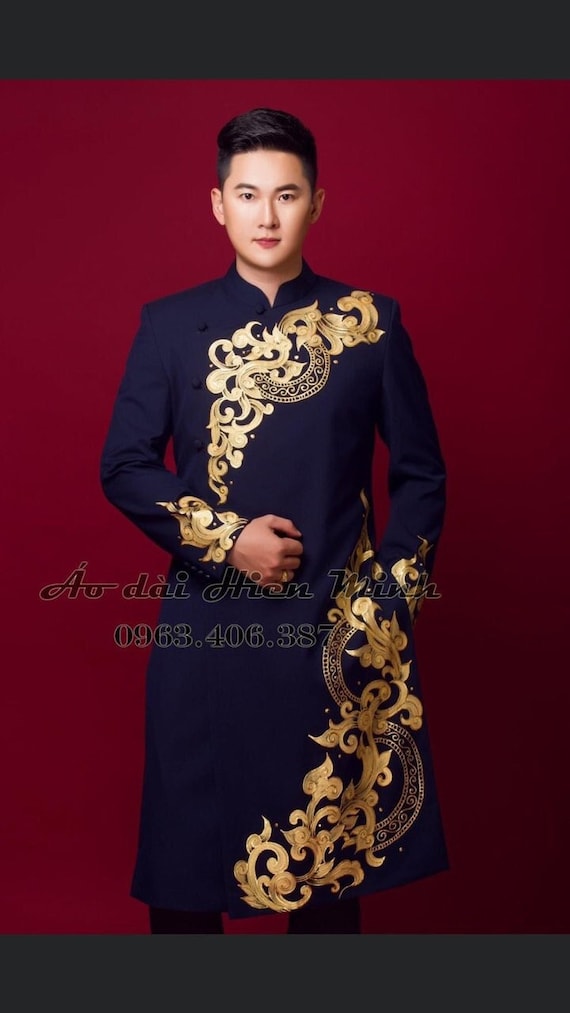 Black or Navy Blue Embroidered Vietnamese Traditional Long Dress