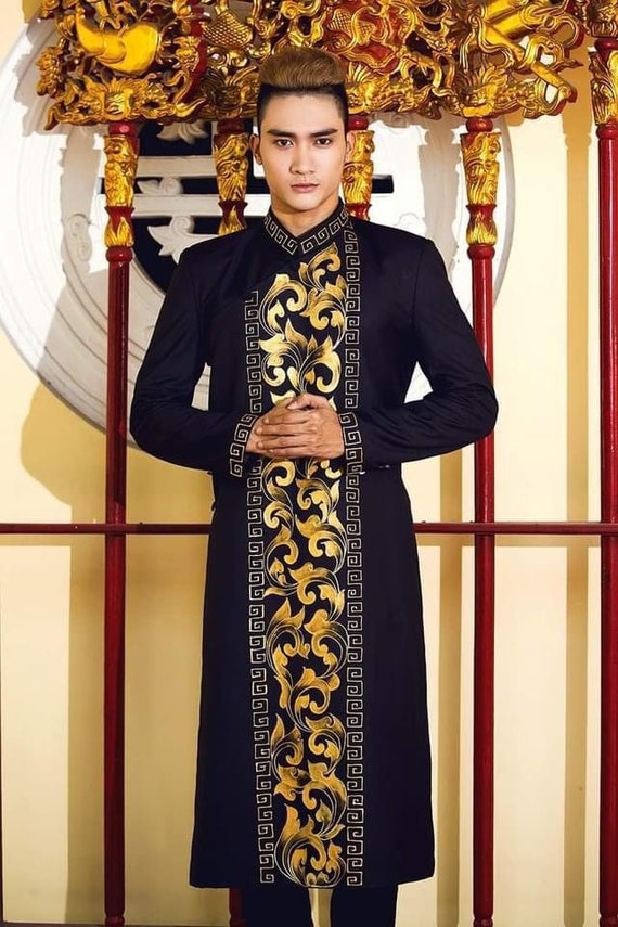 Black or Red Ao Dai for Men, Hand Painted Vietnamese Traditional Long Dress  for Men, Ao Dai Chu Re, Ao Dai Nam. No Pants A13 