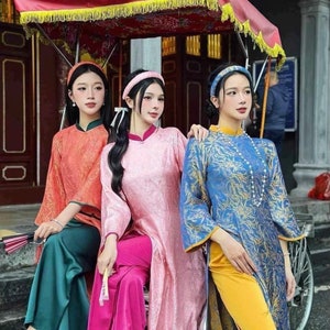 Pink, Blue, or Orange Ao Dai Dang Suong Tay Loe Vietnamese Long Dress Flared Sleeves with Pants