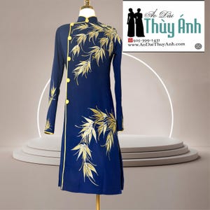 Navy Blue Embroidery Men’s Vietnamese Áo Dài – Navy & Gold Bamboo Design