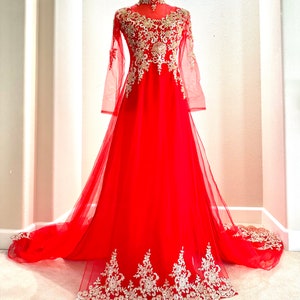 Red Ao Dai: Vietnamese Wedding Dress with Gold Embroidery#167.5