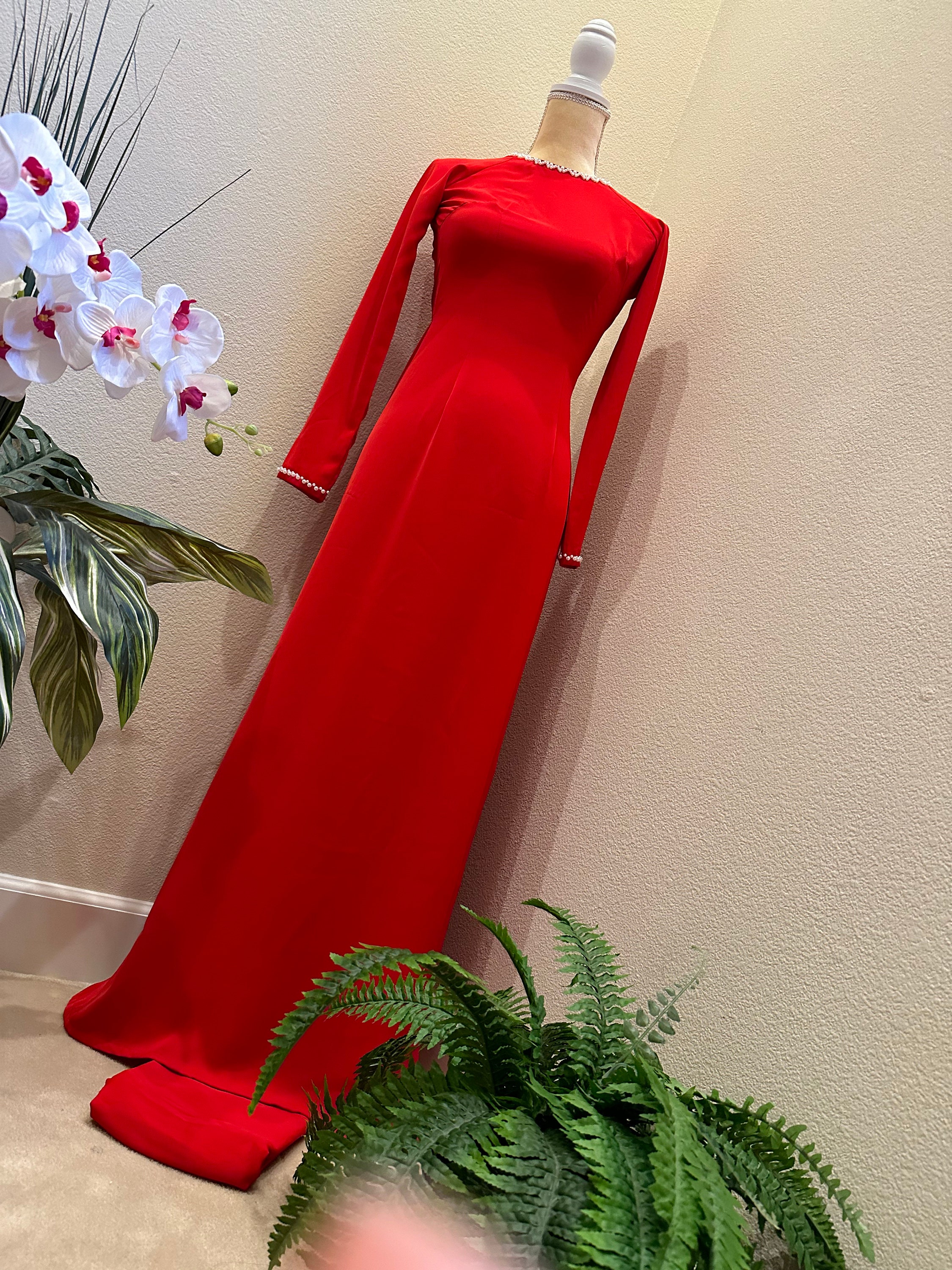 Red Ao Dai Vietnamese Lua My Silk Long Dress With Matching Pants G70 -   Canada