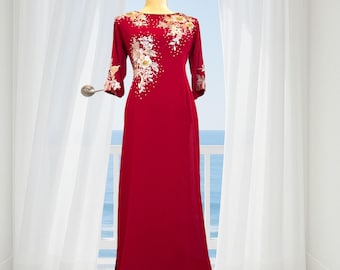 Red  Ao Dai Vietnamese Double Layers Chiffon Long Dress with White  Pants #114