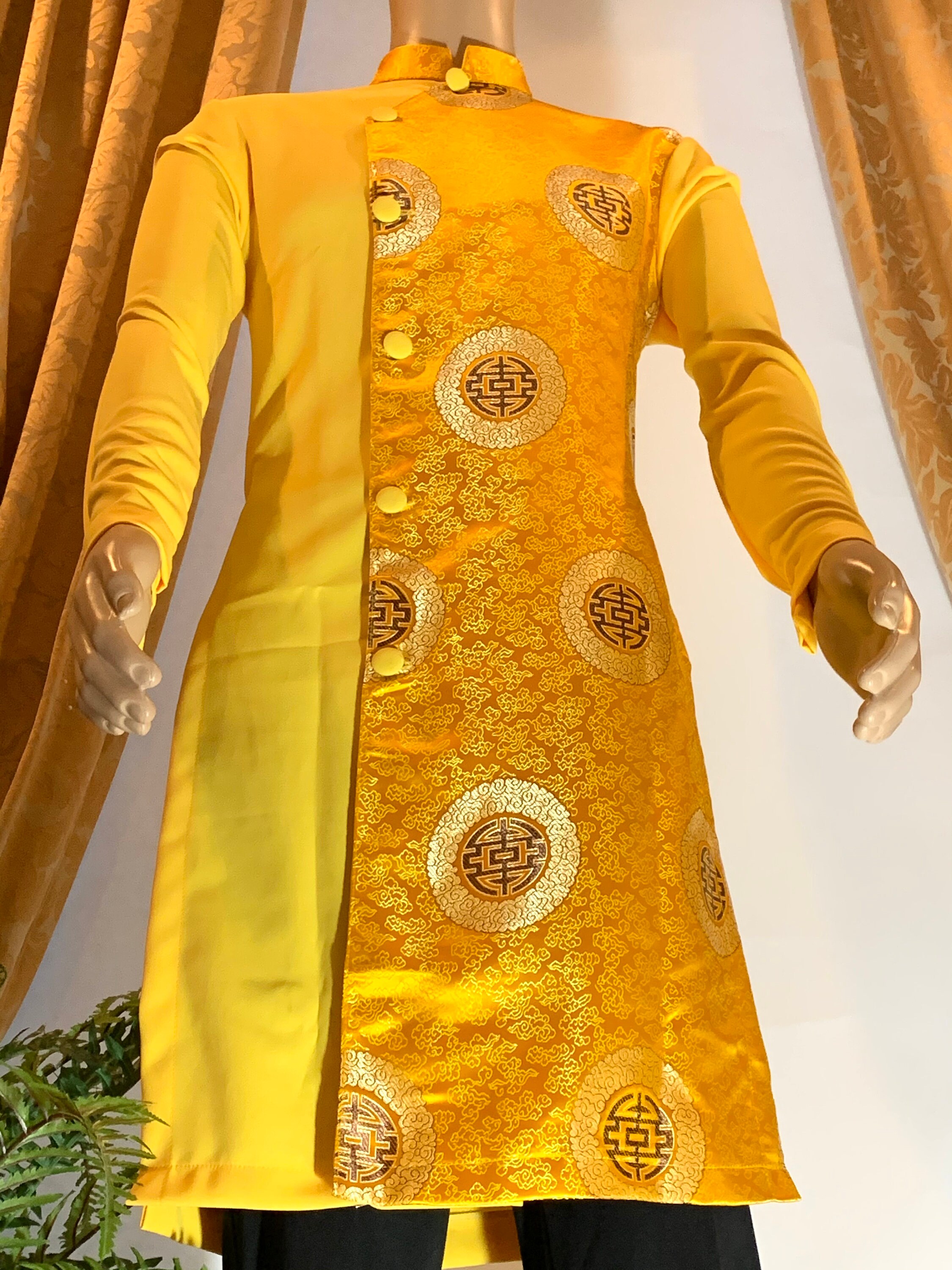 Gold Ao Dai for Men, Vietnamese Traditional Long Dress for Men, Ao Da…