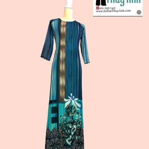 Blue Voan ABC Vietnamese Ao Dai dubbellaagse lange jurk met witte broek #75