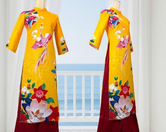 Yellow Floral Áo Dài Cách Tân with Pants, Ao Dai Tet,TA109.5