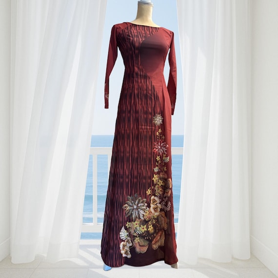 Brown AO Dai Vietnamese Silk Long Dress with Pants #32