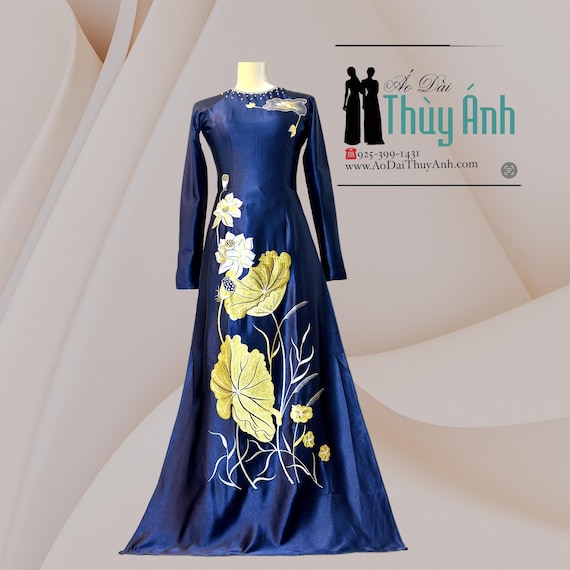 Embroidered Lotus Navy Blue o Di - Vietnamese Dress with Satin Pants#TA219