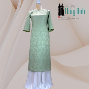 Green  Cach Tan Ao Dai Dang Suong Tay Loe Vietnamese Long Dress Flared Sleeves with Dark White   Pants