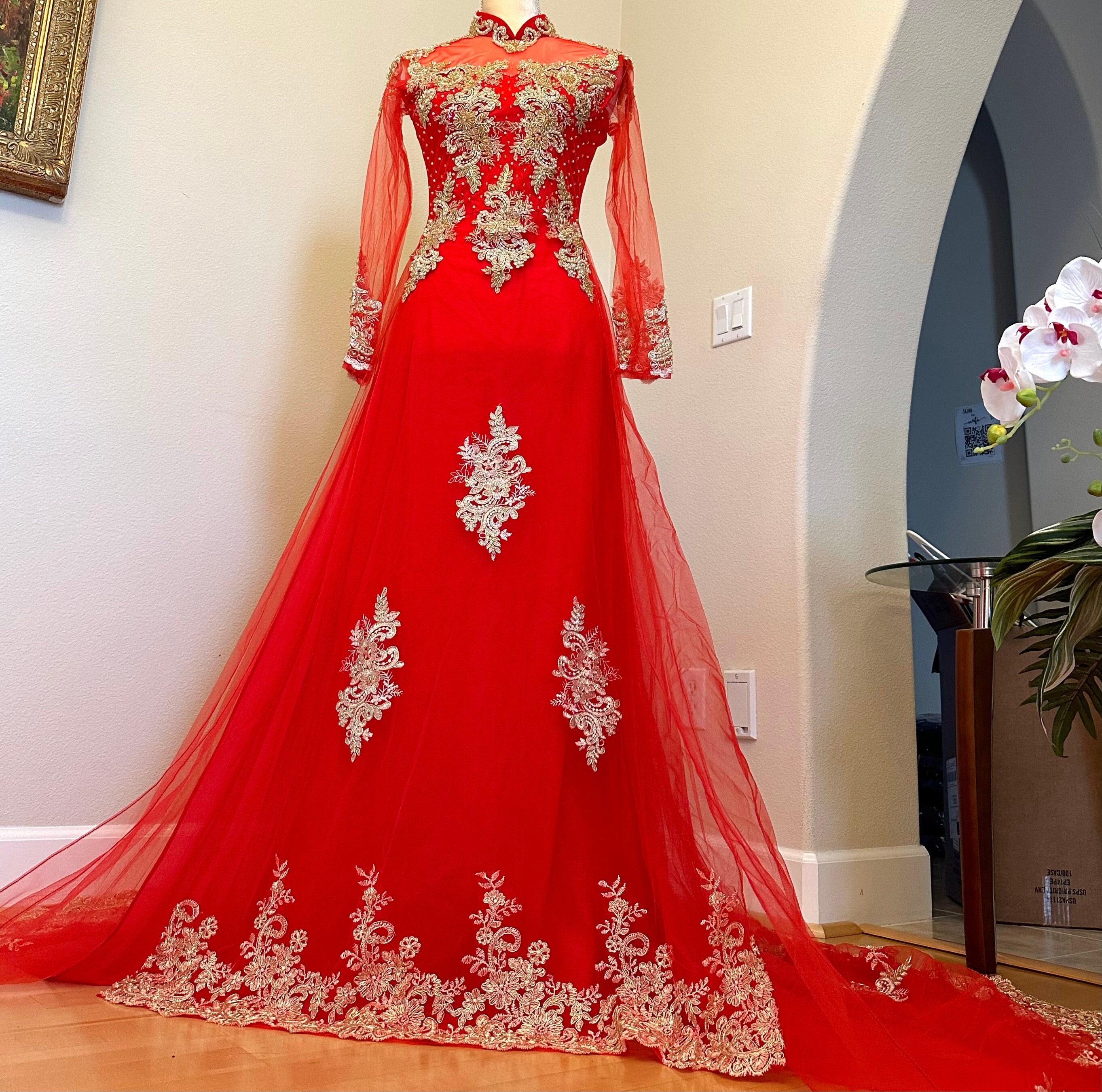 Red Vietnamese Wedding Ao Dai Dress With Gold Embroidery
