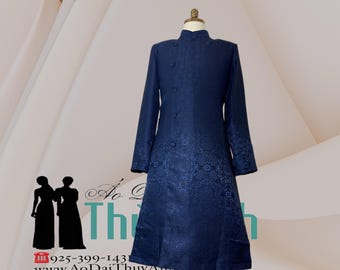 Dark Blue Ao Dai for men, Vietnamese Gam Long Dress for men, No pants G16
