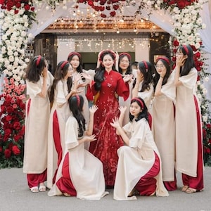 Cream/Beige Bridesmaid Ao Dai Vietnamese Long Dress with Red  Pants - Ao Dai Phu Dau PR6