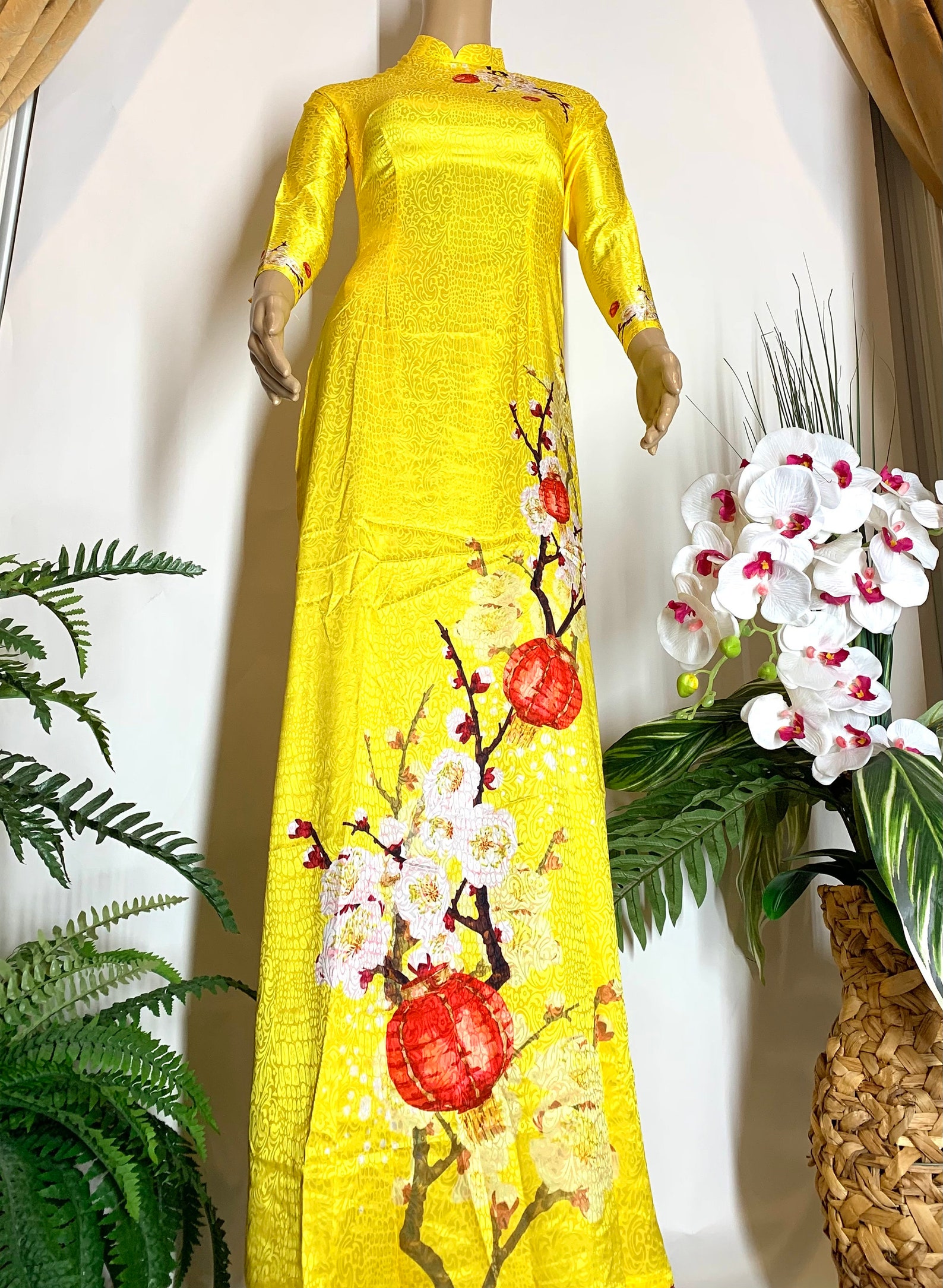 Gold Vietnamese Tet Ao Dai Dong Hung Silk Long Dress With | Etsy