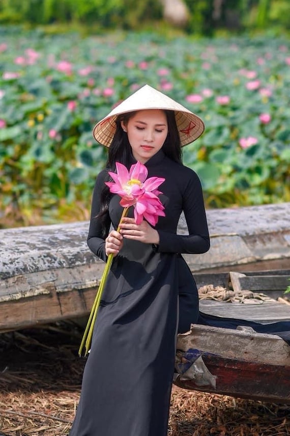 Black Ao Dai Vietnamese Chiffon Double Layer Long Dress with Pants G67