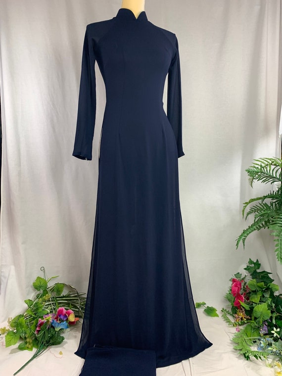 Navy Blue Ao Dai Vietnamese Chiffon Double Layer Long Dress With Pants G71 Etsy Canada