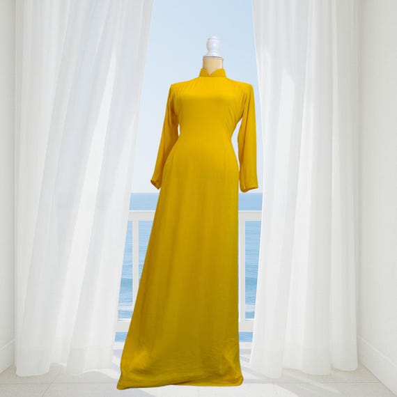Yellow AO Dai Vietnamese Chiffon Double Layer Long Dress with Pants #122