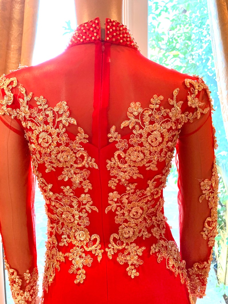 Red Ao Dai Vietnamese Traditional Wedding Dress with Gold Embroidery and Red or Gold Pants G52 image 5