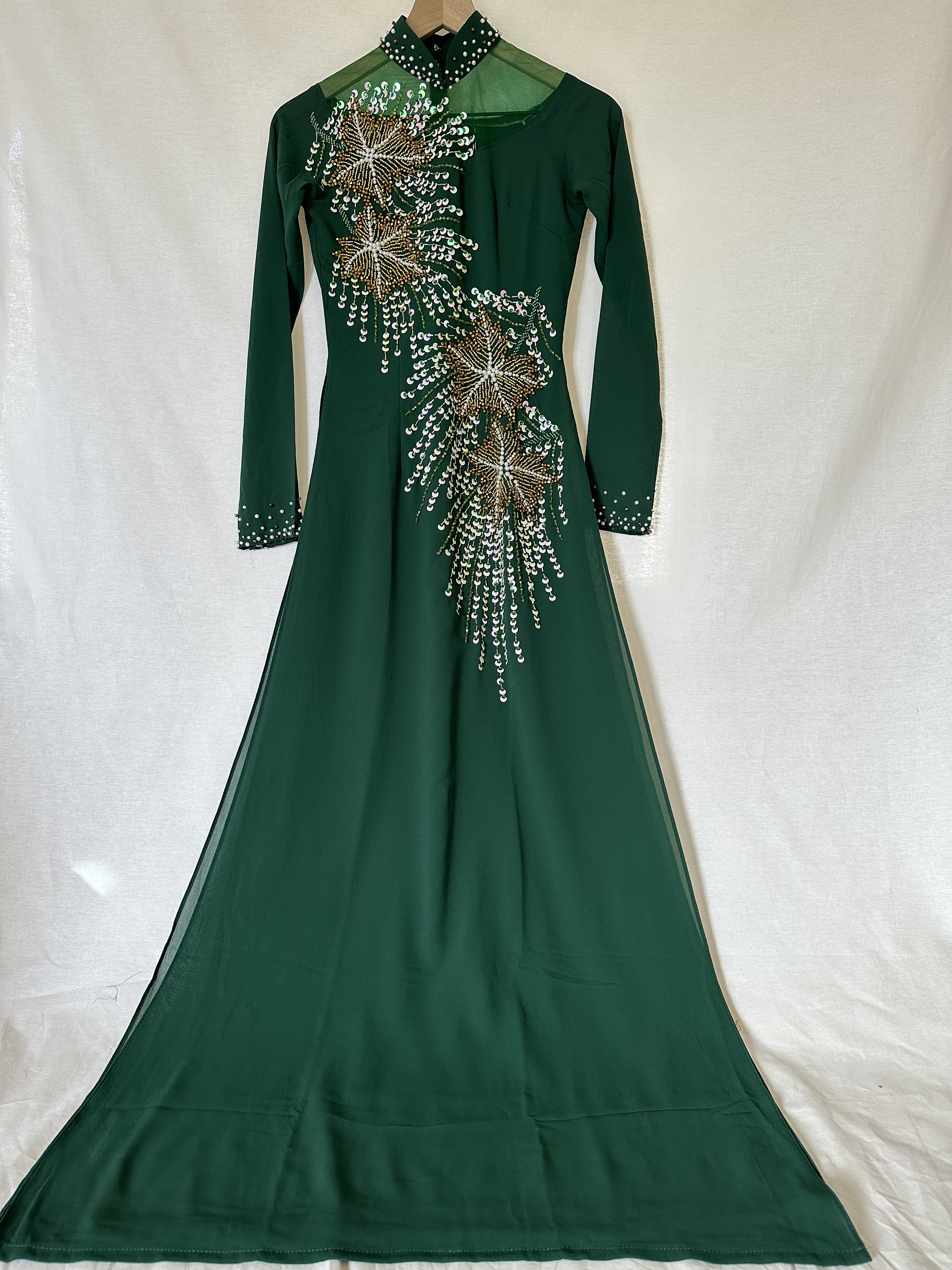 Green Ao Dai Vietnamese Chiffon Double Layer Beaded Long Green Ao Dai Vietnamese Chiffon Double Layer Beaded Long
