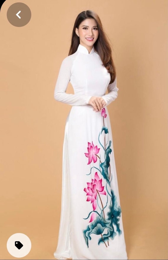 White Ao Dai Vietnamese Lua Mango Silk Long Dress With Pants E02167