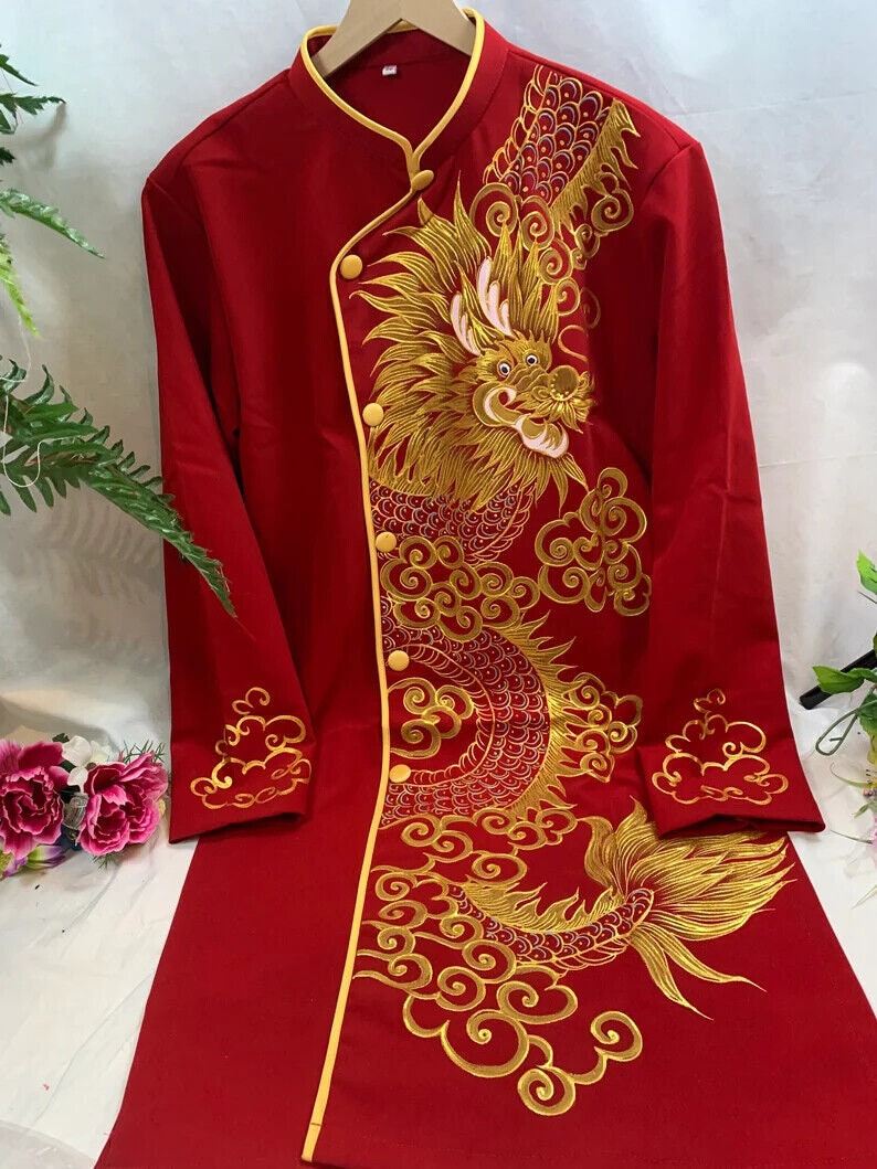 pre-order ) Ao Dai Men , Red Ao Dai Embroidery ADN1 – Ao Dai Em Kim