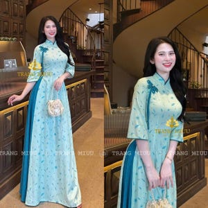 Women’s Vietnamese Áo Dài – Aqua Blue Floral Elegance- Ao Dai Vietnamese  Silk Long Dress with BLue Pants