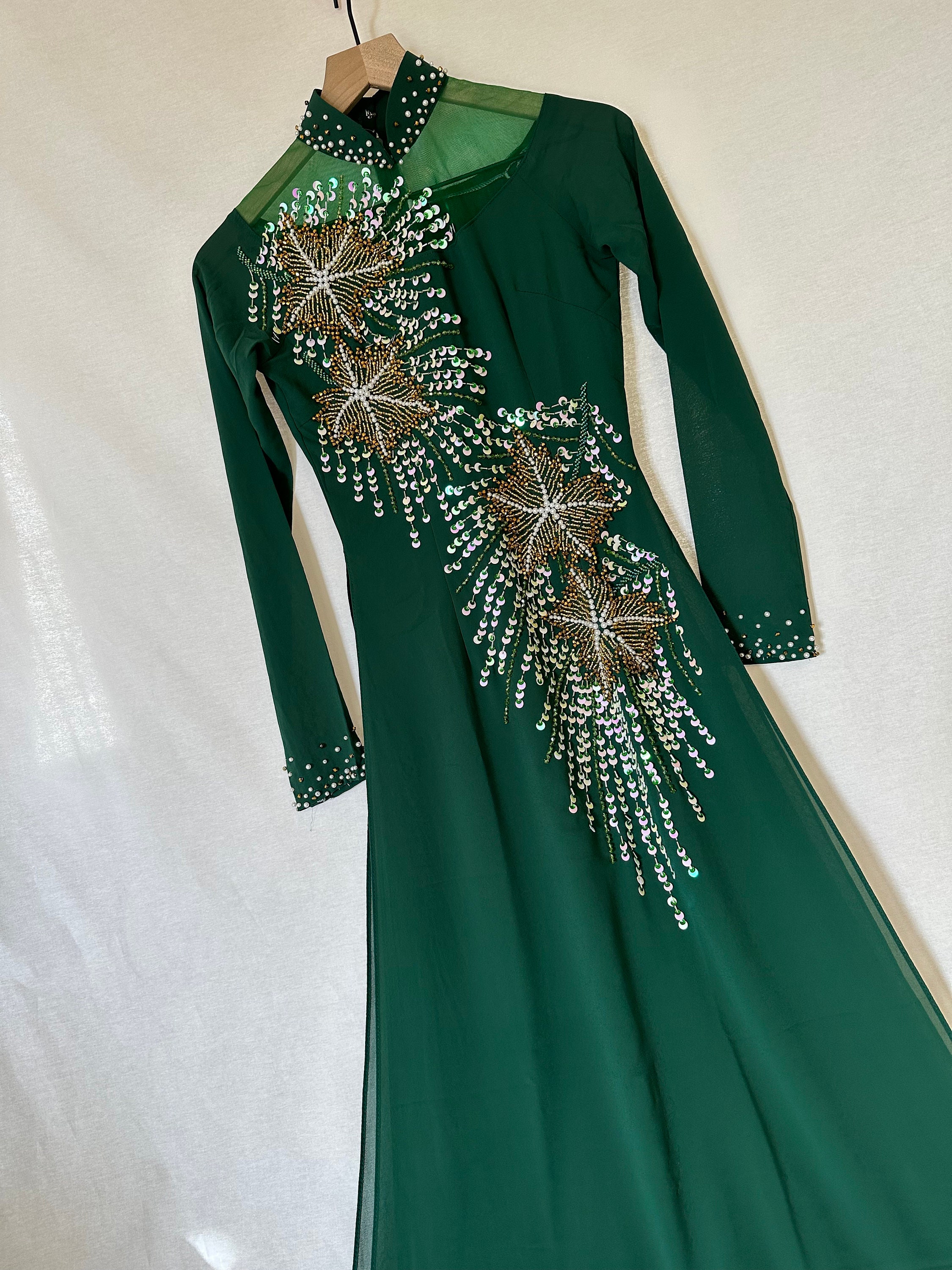 Green Ao Dai Vietnamese Chiffon Double Layer Beaded Long Green Ao Dai Vietnamese Chiffon Double Layer Beaded Long