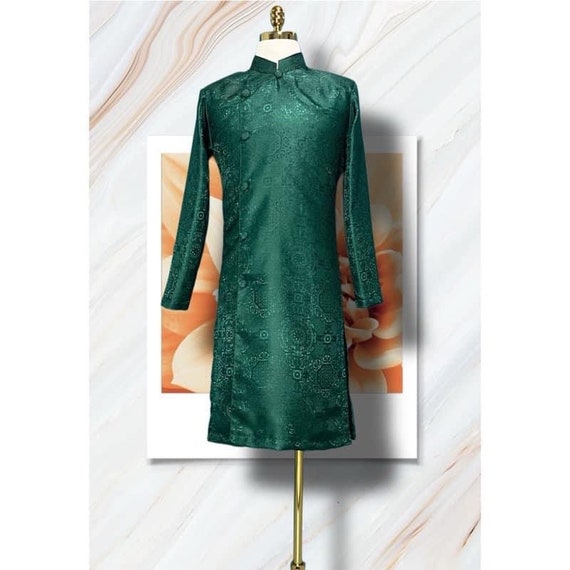Green Ao Dai for Men, Traditional Vietnamese Gam Long Dress