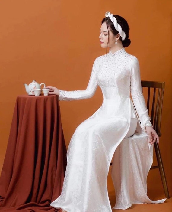 White Ao Dai Vietnamese Gam Beaded Long Dress With Matching Color Pants  With NO Headband G81 