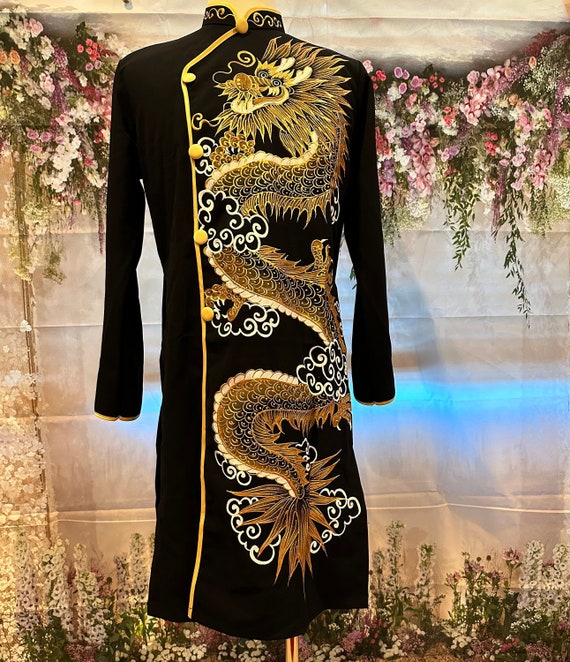 Black Ao Dai for Men, Hand Painted Vietnamese Traditional Long