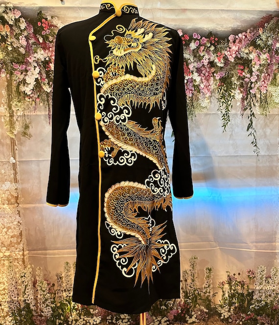 Black Ao Dai for Men, Hand Painted Vietnamese Traditional Long