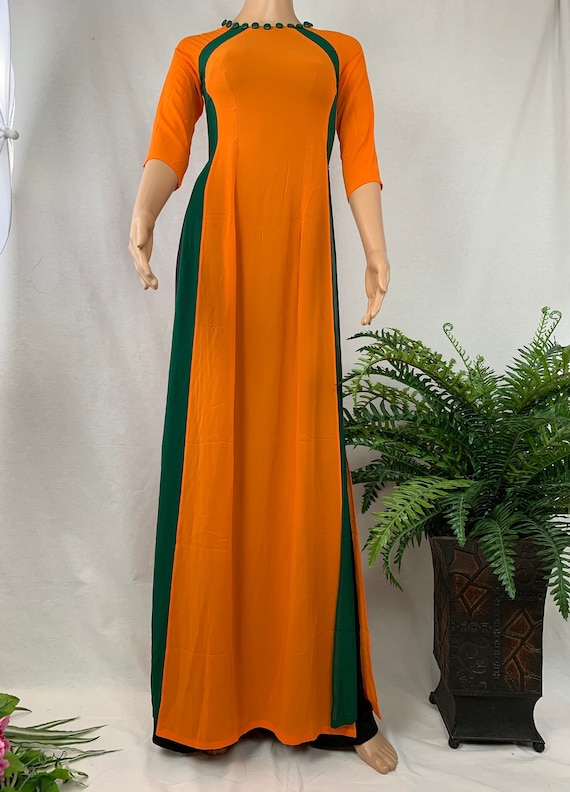 Orange AO Dai Vietnamese Chiffon Double Layer Long Dress with Pants #02104