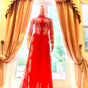 Red Ao Dai Vietnamese Traditional Wedding Dress with Gold Embroidery and Red or Gold Pants G52 image 2